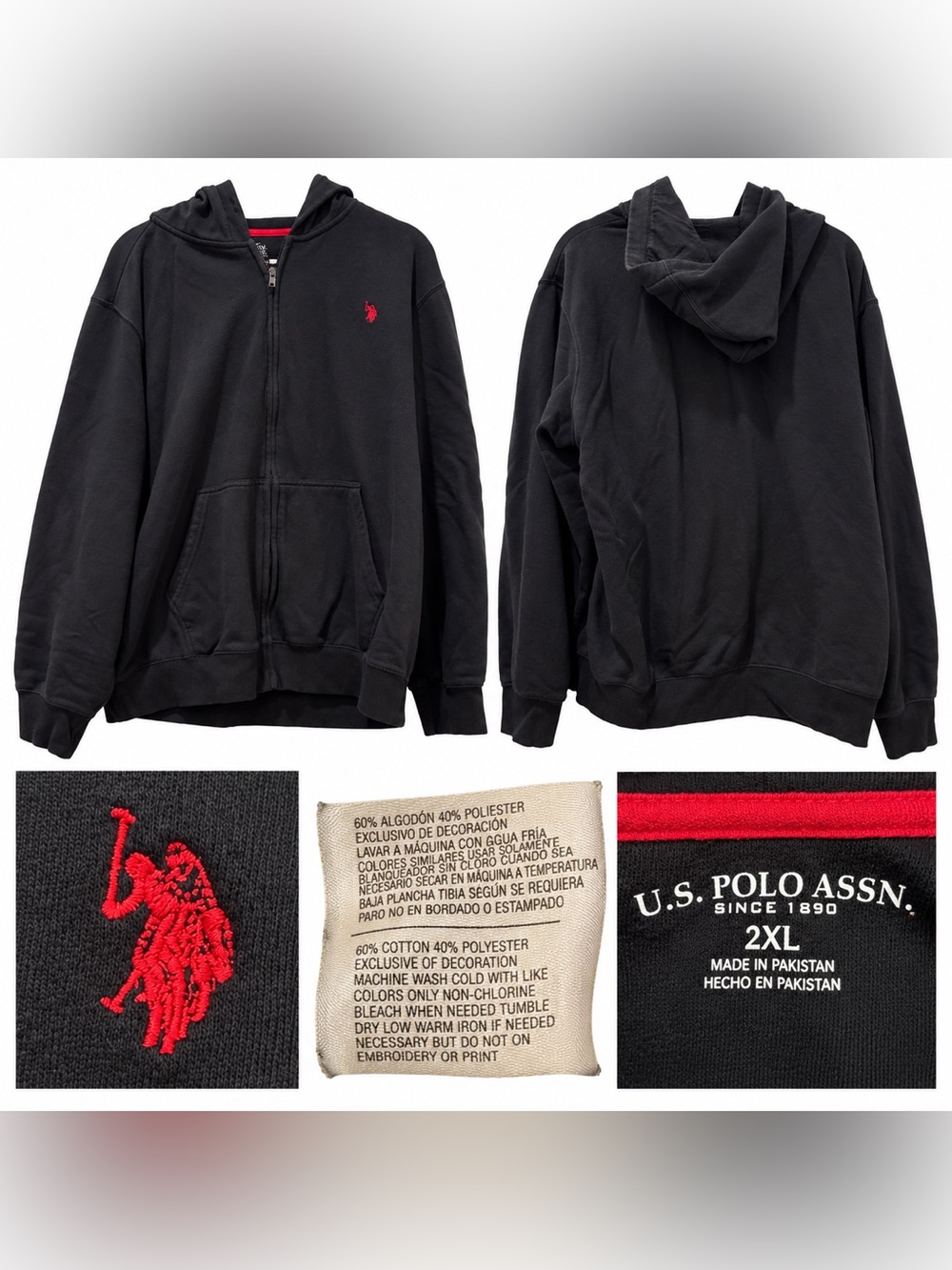 U.S. Polo Assn. Black Full-Zip Hoodie – Men’s 2XL
